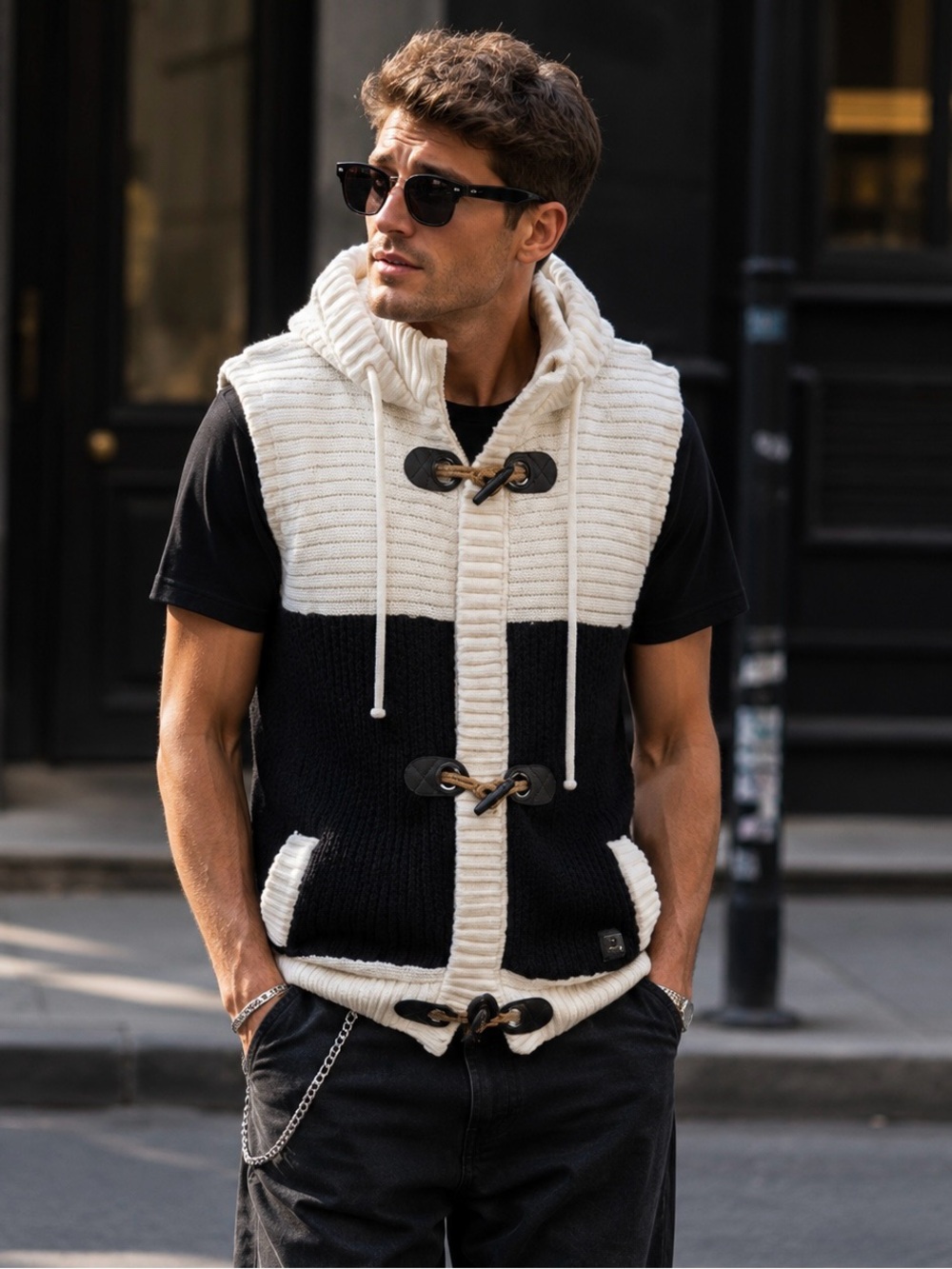 Makobi Men’s Streetwear Sweater Sleeveless Zip Up Hoodie Black White Toggles XL
